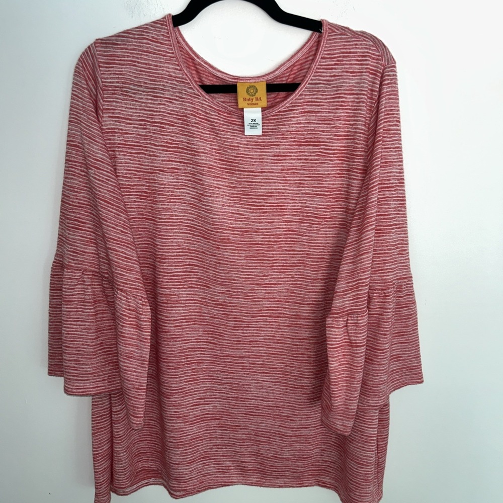 Ruby Rd Women's2X Red White Bell Sleeves Stripe Tunic Top